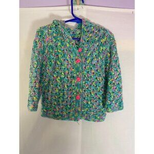 Kids Handmade Crochet Multi-Color Button Up Sweater with Hood Size Toddler 2T-3T